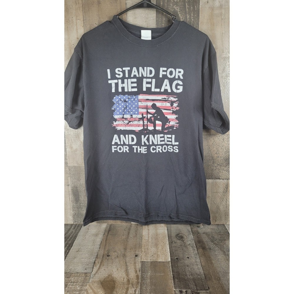 America I Stand for the Flag And Kneel For The Cross Adult Tee Size Large